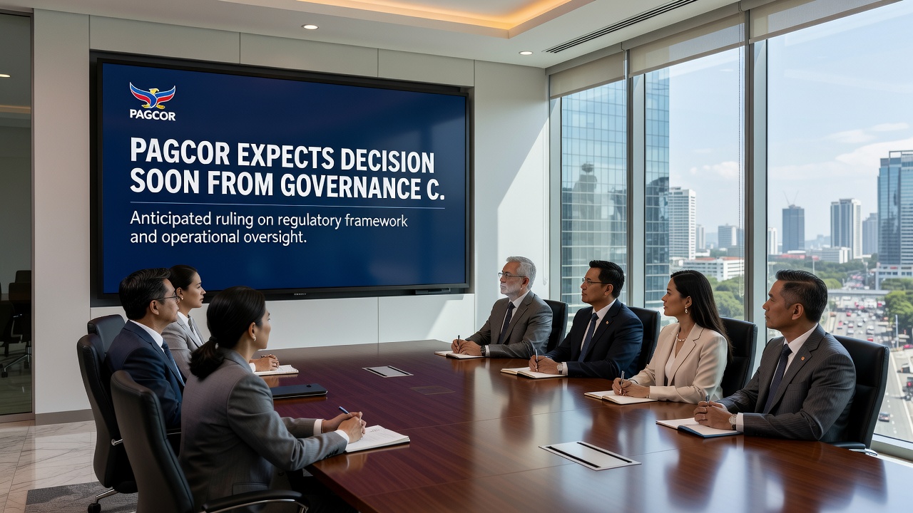 Philippine regulatory officials discussing gaming policy documents during a formal meeting